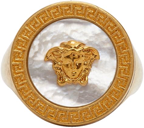 Versace: Gold Pearl Medusa Signet Ring 